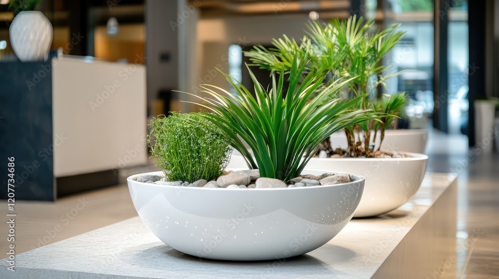 Fototapeta premium Contemporary minimalist indoor plants in white circular containers with pebbles and lush greenery in a modern architectural setting