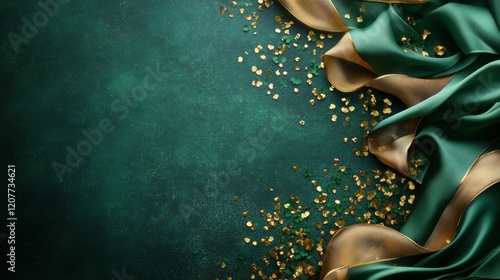 Decorative green background with golden clovers and festive elements for cele...