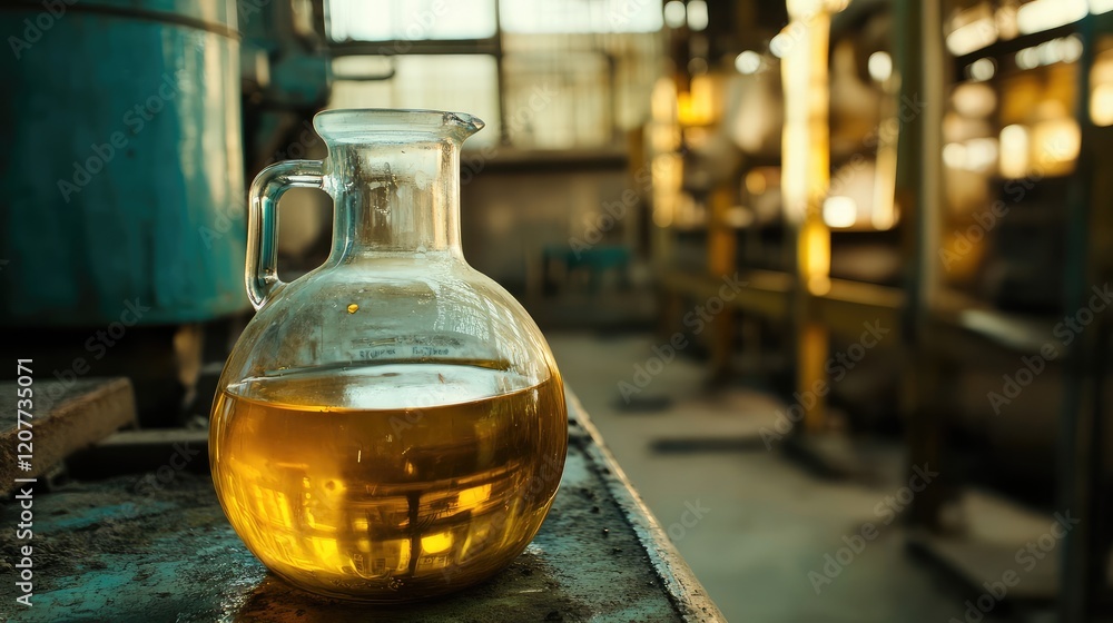 Large glass jug filled with golden oil on a rustic countertop in an industrial oil mill with warm lighting and equipment in the background. Large glass jug filled with golden oil on a rustic countertop in an industrial oil mill with warm lighting and equipment in the background.
