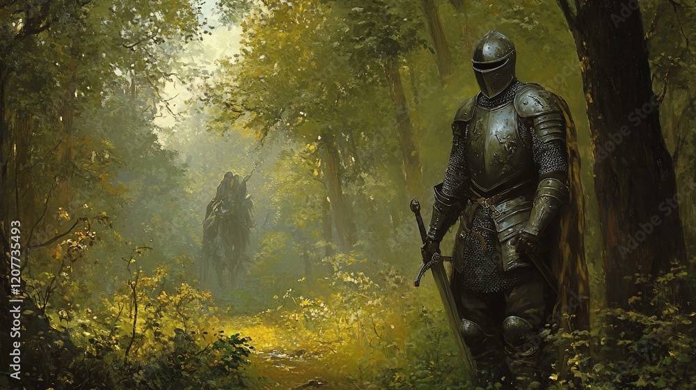 Fototapeta premium A Lone Knight in a Mystical Forest: Digital Painting of Medieval Fantasy