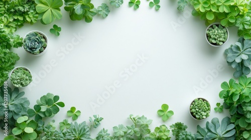 Green clovers arranged in a bowl surrounded by leaves on a white surface