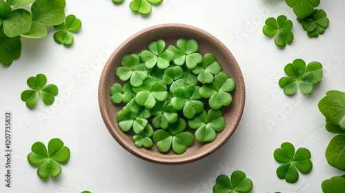 Green clovers arranged in a bowl surrounded by leaves on a white surface