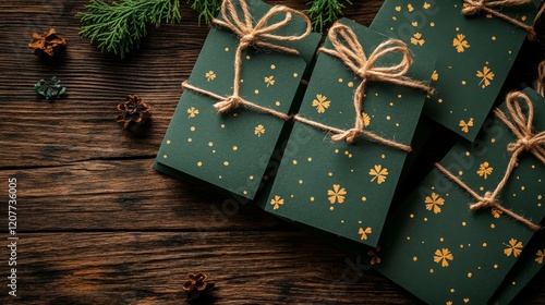 Handcrafted green gift tags with gold flower designs and rustic decor for fes...