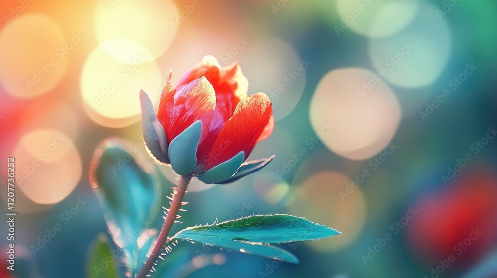 Obraz premium Vibrant autumn macro of a single poppy flower with soft focus and bokeh capturing red and green hues in a serene park setting