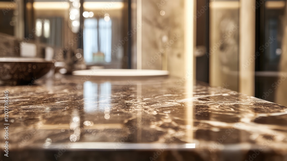 Elegant dark marble tabletop with polished surface in contemporary bathroom setting featuring blurred modern fixtures and warm lighting ambiance. Elegant dark marble tabletop with polished surface in contemporary bathroom setting featuring blurred modern fixtures and warm lighting ambiance.