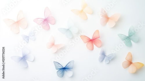 Pastel Butterflies in Soft Hues Dancing on a Crisp White Background for Elegant Minimalist Decor and Design Concepts