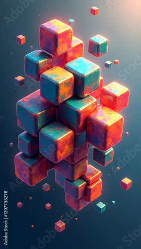 Digital art of stacked glass cubes in cosmic atmosphere