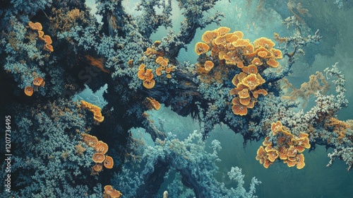 Lichens on tree branches showcasing vibrant symbiotic fungi in a natural, artistic representation of ecosystem diversity and beauty. photo