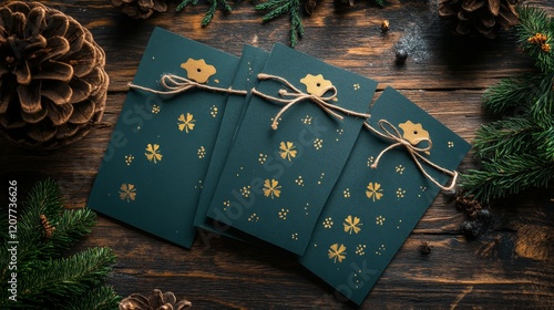 Handcrafted green gift tags with gold flower designs and rustic decor for fes...