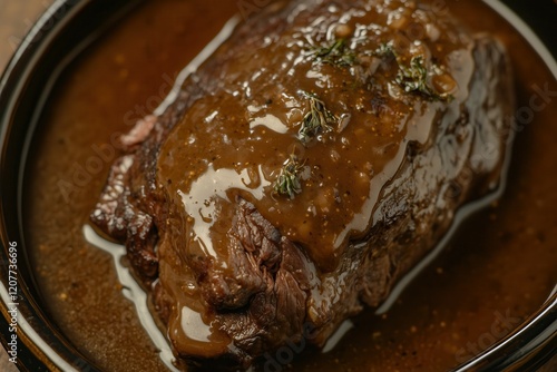 Rich slab of roast beef drenched in a luscious demi-glace gravy. The succulent meat and savory sauce epitomize gourmet culinary excellence. photo