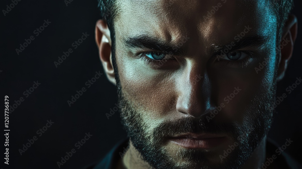 Close-up portrait of a man with intense expression, strong shadows, contrasting light on facial features, blue eyes, dark background. Close-up portrait of a man with intense expression, strong shadows, contrasting light on facial features, blue eyes, dark background.