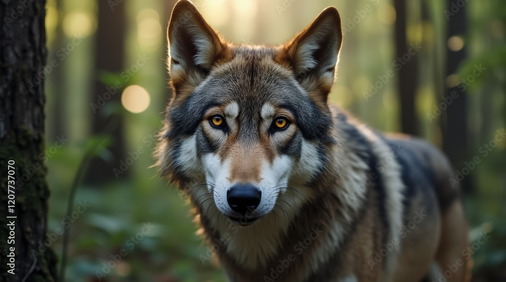 Fototapeta premium Wolf with sharp yellow eyes gazes from dense forest