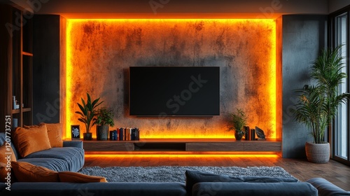 Modern living room design with sleek furniture and ambient lighting in a cozy...