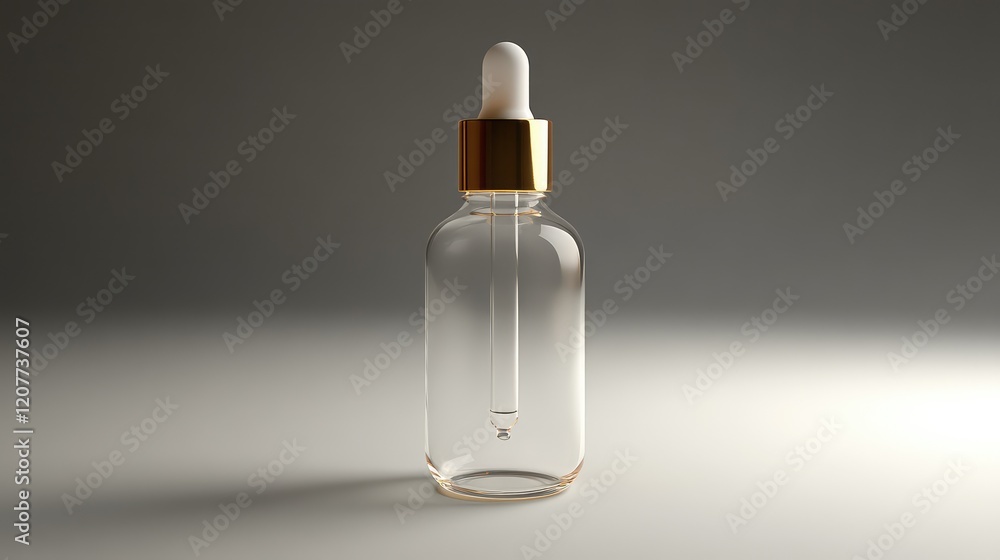 Elegant Clear Glass Dropper Bottle with Gold Cap Against a Soft Neutral Gray Background Ideal for Luxury Skincare Product Display Elegant Clear Glass Dropper Bottle with Gold Cap Against a Soft Neutral Gray Background Ideal for Luxury Skincare Product Display