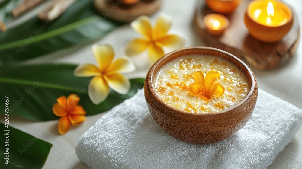 Spa treatment with aromatic bowl of floral ingredients candles and towel for relaxation holistic wellness and Ayurveda therapy concept Spa treatment with aromatic bowl of floral ingredients candles and towel for relaxation holistic wellness and Ayurveda therapy concept