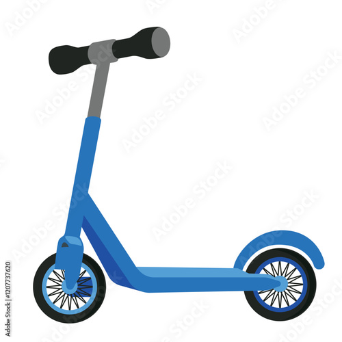 Push scooter vector illustration. Balance bike in blue color isolated on white background. Kick cycle flat design icon. Modern city ecological transport.