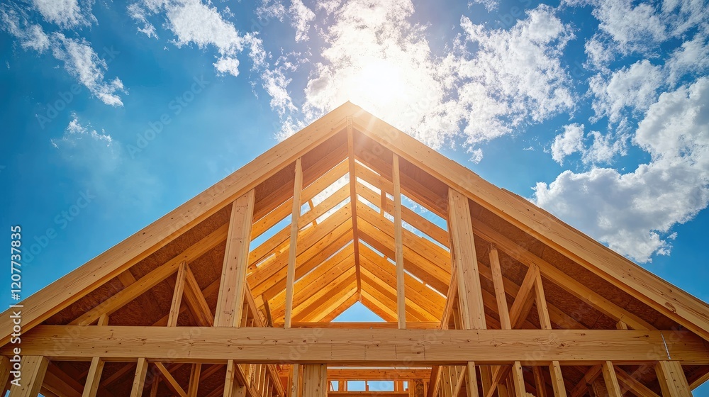 Construction of eco-friendly wooden house frame under bright blue sky with scattered clouds showcasing sustainable building practices Construction of eco-friendly wooden house frame under bright blue sky with scattered clouds showcasing sustainable building practices