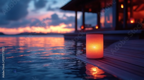 Lantern floating on calm water at sunset near a tranquil lakeside location