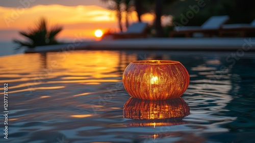 Lantern floating on calm water at sunset near a tranquil lakeside location