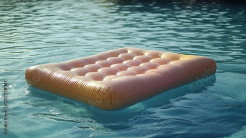 Floating mattress on tranquil water during sunset creating a serene relaxatio...
