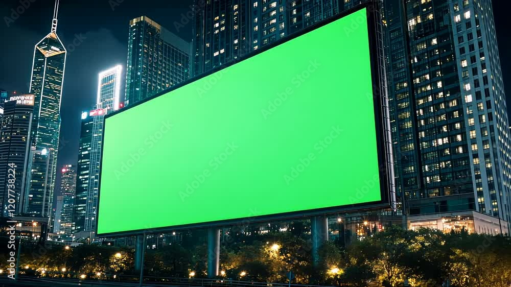 Large green screen billboard amidst urban skyscrapers at night, ideal for advertising, marketing themes Large green screen billboard amidst urban skyscrapers at night, ideal for advertising, marketing themes