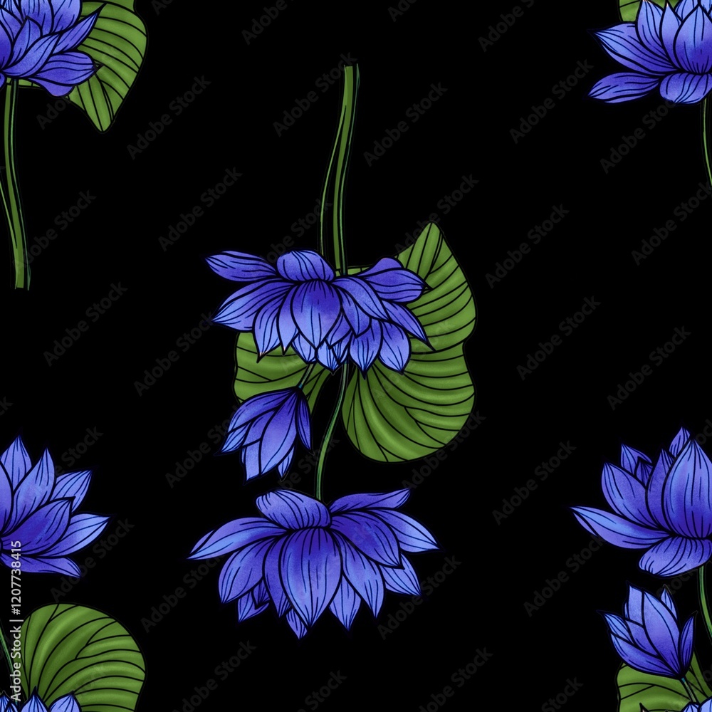 Fototapeta premium Blue Elegant Lotus with Leaves Big Seamless Pattern on Black Background