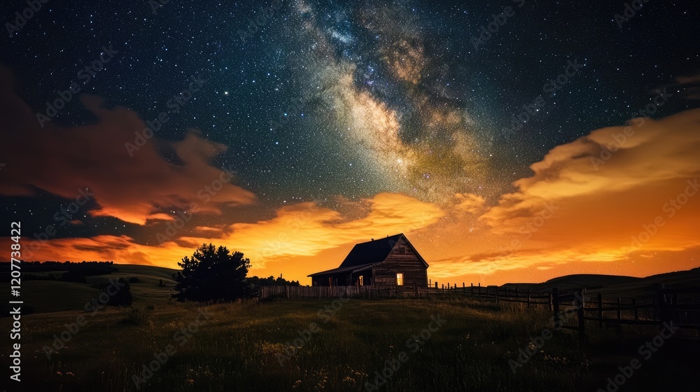 Stunning Milky Way over house on highland with vibrant orange clouds and star-filled night sky creating a serene landscape atmosphere Stunning Milky Way over house on highland with vibrant orange clouds and star-filled night sky creating a serene landscape atmosphere