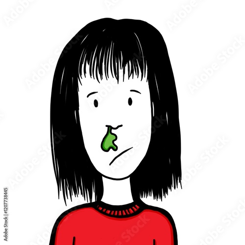 Girl with black hair, wearing a red sweater with runny nose. She appears sick, with a humorous touch, showing a playful yet relatable character. The illustration captures her expression of discomfort 