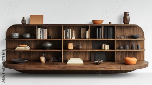 Elegant wooden display unit showcasing handcrafted pottery and decorative vas...