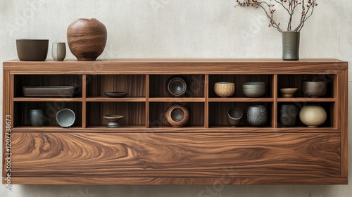 Elegant wooden display unit showcasing handcrafted pottery and decorative vas...