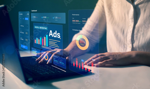Digital marketing concept.Ads dashboard screen digital.Digital marketing concept.Online advertising ,digital marketing and ad on internet to targeted customers.	
