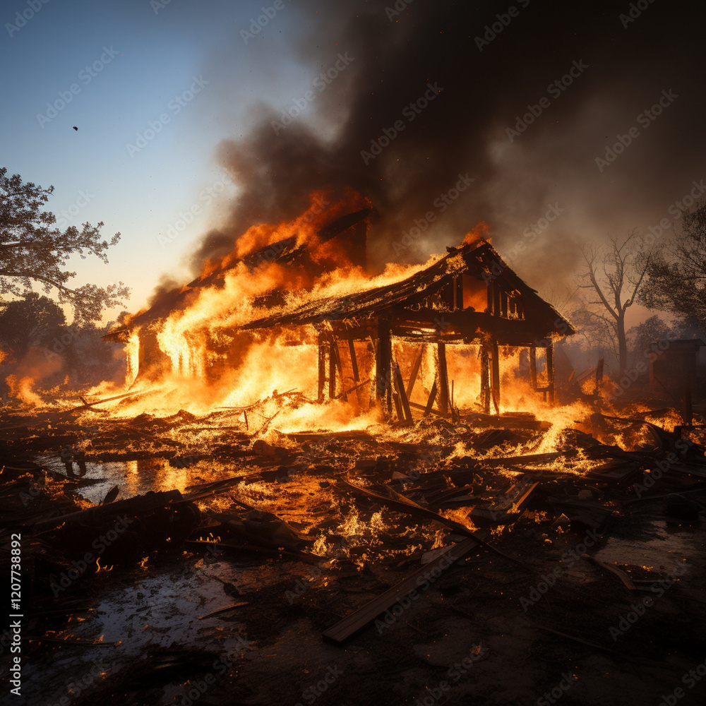 burning wooden house, wooden building on fire,. Generative AI burning wooden house, wooden building on fire,. Generative AI