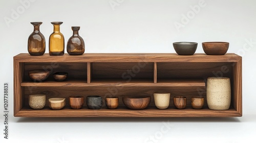 Elegant wooden display unit showcasing handcrafted pottery and decorative vas...