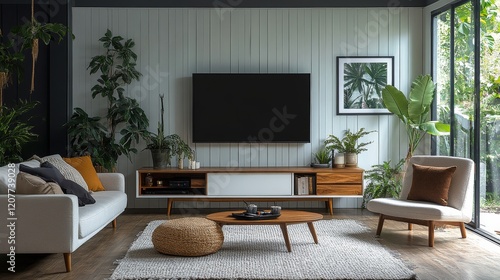 Modern living room design with large windows and natural light in a contempor...