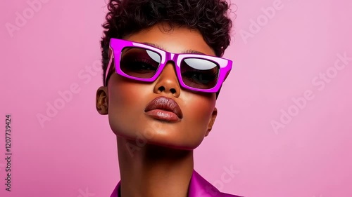 African American woman in vibrant pink sunglasses and jacket, embodying fashion and empowerment themes