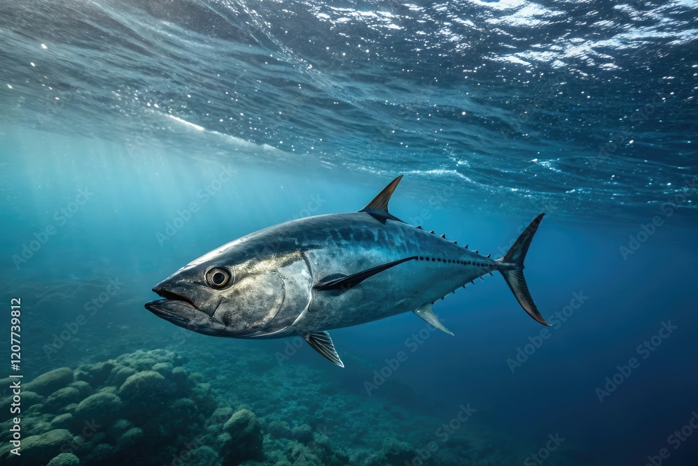 Naklejka premium Bluefin tuna swimming in the open ocean with a dark horizon, tuna, sea, waves, horizon