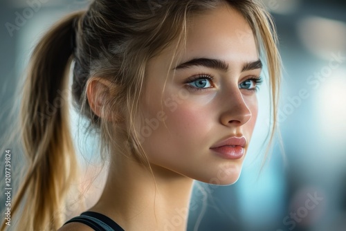 Young woman with ponytail poses in fitness center during workout in soft natu...