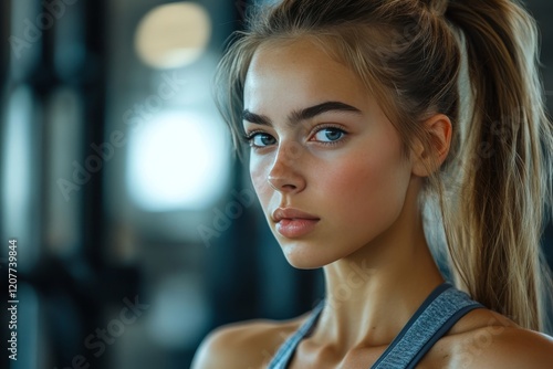 Young woman with ponytail poses in fitness center during workout in soft natu...