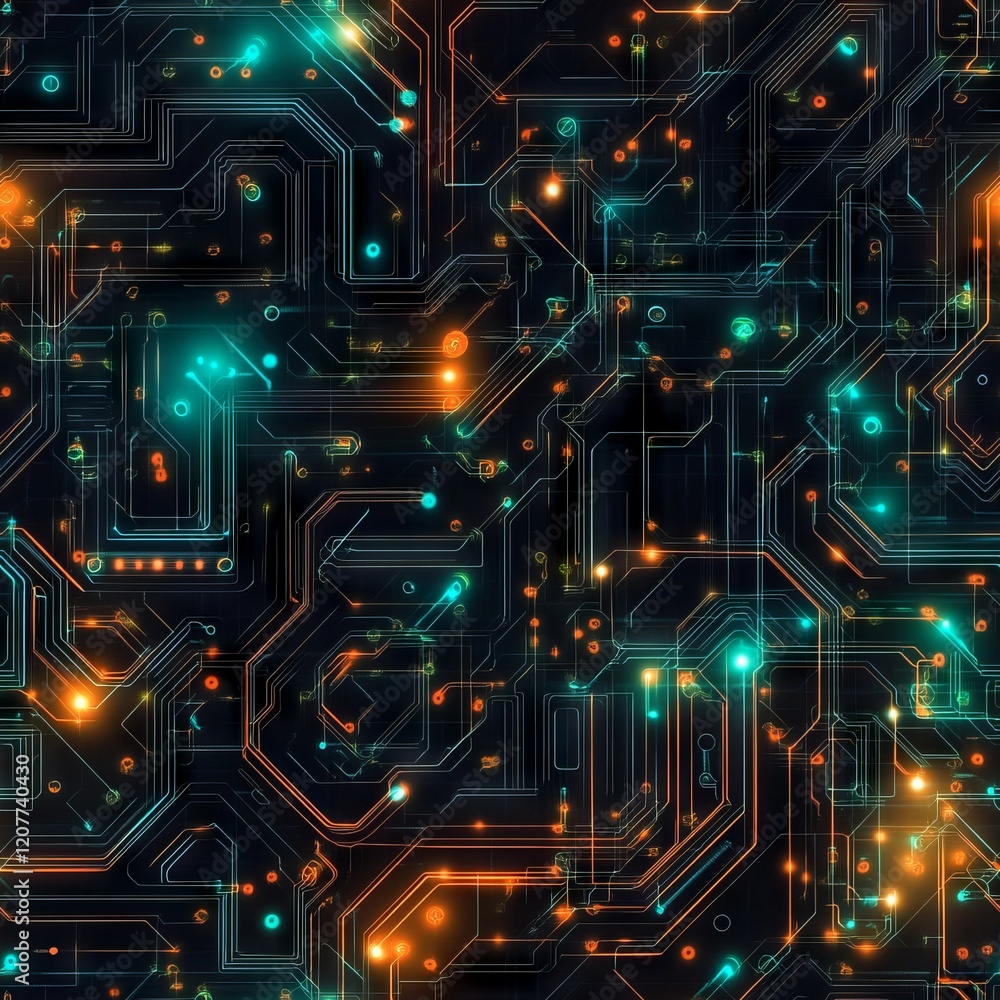 Seamless Pattern - Abstract digital circuit board glowing with teal and orange light. Seamless Pattern - Abstract digital circuit board glowing with teal and orange light.