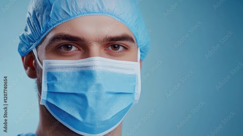 Close-up portrait of man in blue surgical mask and matching cap against soft blue background illustrating health and safety measures in healthcare. Close-up portrait of man in blue surgical mask and matching cap against soft blue background illustrating health and safety measures in healthcare.