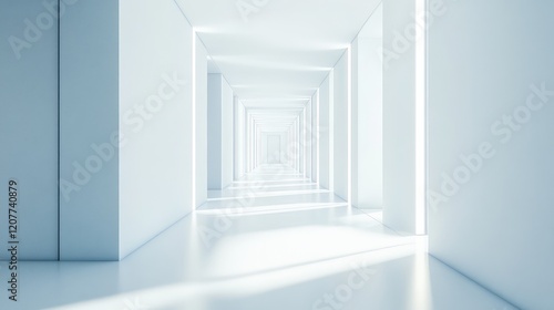 Spacious minimalist hallway with sleek white walls and modern decor illuminated by soft natural light creating a serene and contemporary atmosphere.