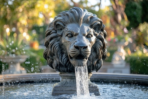 Lion fountain in a well-maintained garden showcasing elegant landscaping and ...