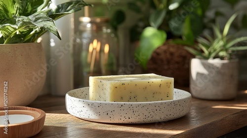 Handcrafted soap on a marble tray surrounded by plants and candles in a cozy ...