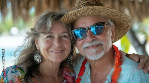 senior couple tourist. Enjoy free time outdoors near the sea on the beach. Looking at the camera while relaxing on a clear day Poses for travel selfies smiling happy tropical. #1207741625