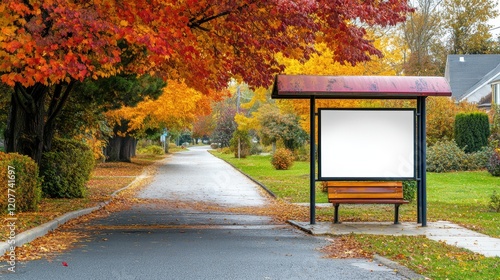 An autumnal bus stop featuring a blank advertisement space, set against a serene suburban backdrop. photo