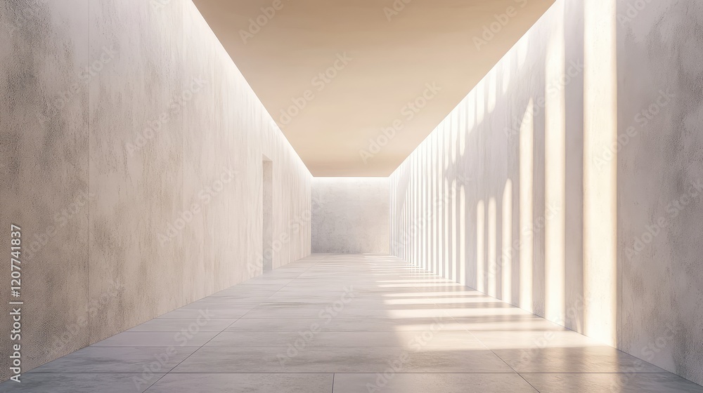 Fototapeta premium Bright and airy minimalist interior with concrete walls, natural lighting patterns, and architectural mockup showcasing linear design elements