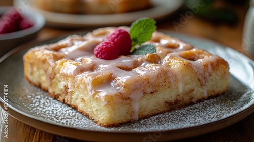 Scrumptious cinnamon roll cake topped with icing and spices in a cozy cafe se...