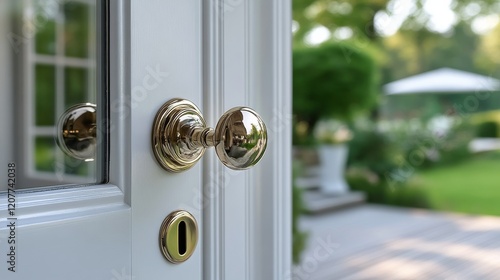 Beautiful garden view through a stylish door with a shiny doorknob on a sunny...