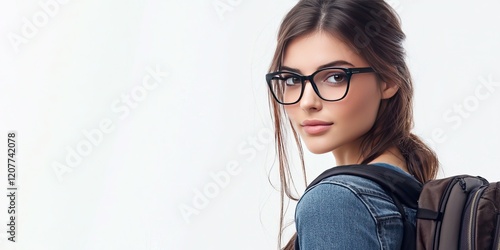 A female college student is seen smiling and looking over her shoulder while wearing stylish glasses and a denim jacket, ready for a day of classes and activities photo