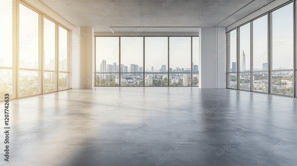 Fototapeta premium An empty wall in a modern open space office featuring a city view, concrete flooring, and abundant natural light, emphasizing the concept of a contemporary workplace.